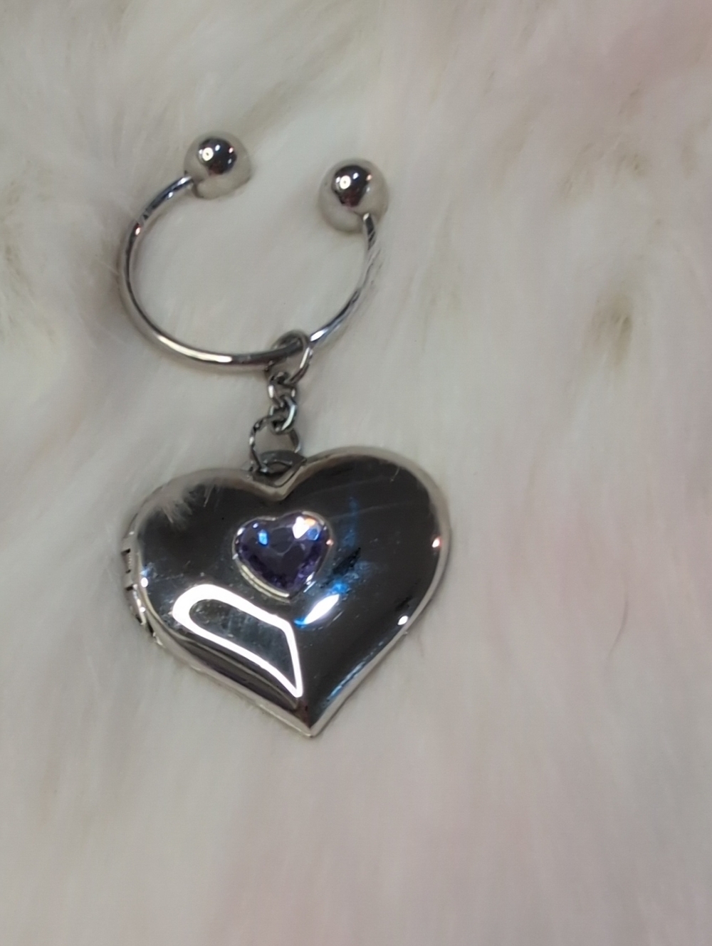 Silver Tone Heart Locket Keyring with Purple Gem